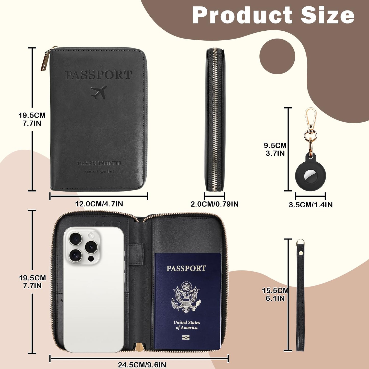 RFID Passport Wallet with Tracker Pocket and Wrist Strap