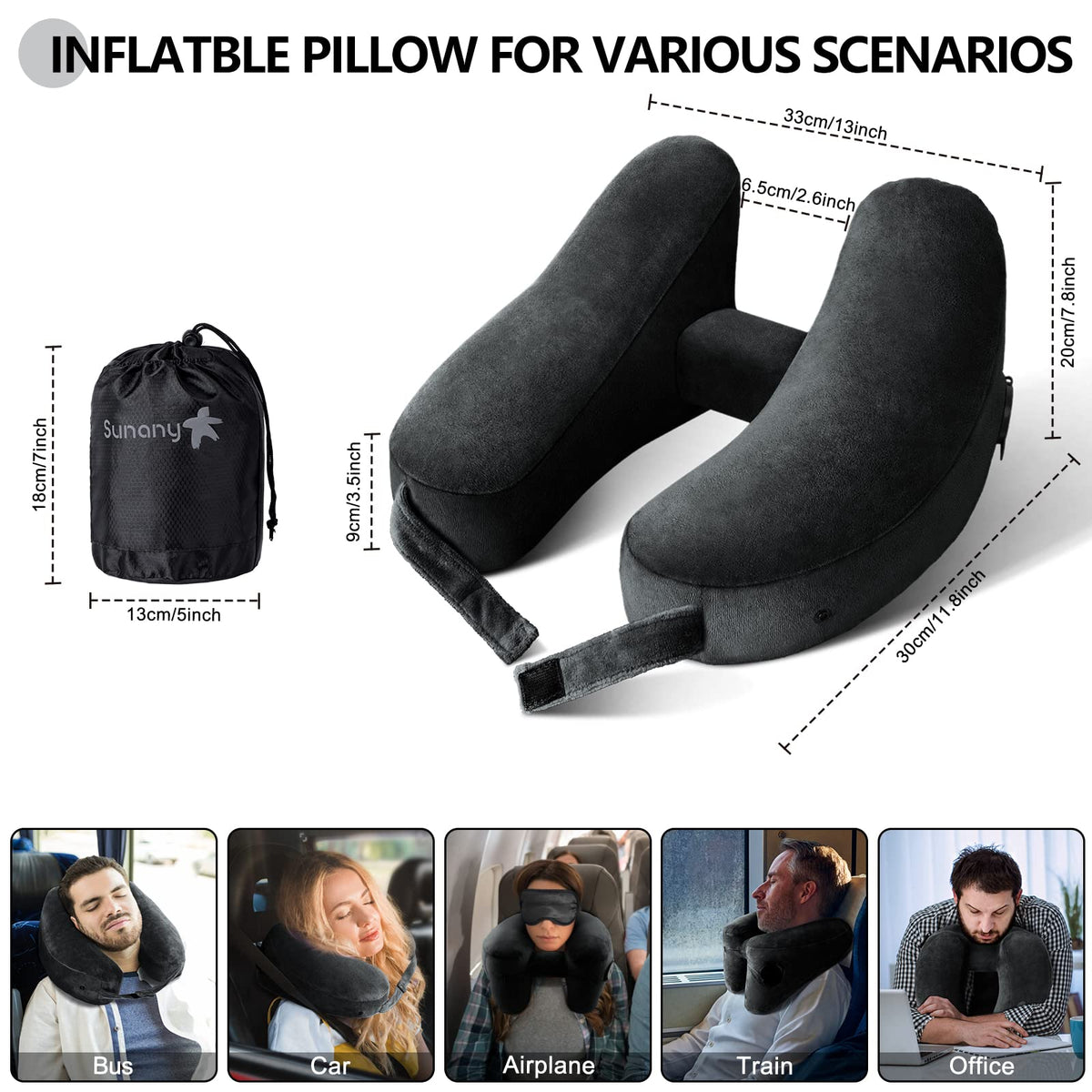 Inflatable Travel Neck Pillow with Head and Chin Support