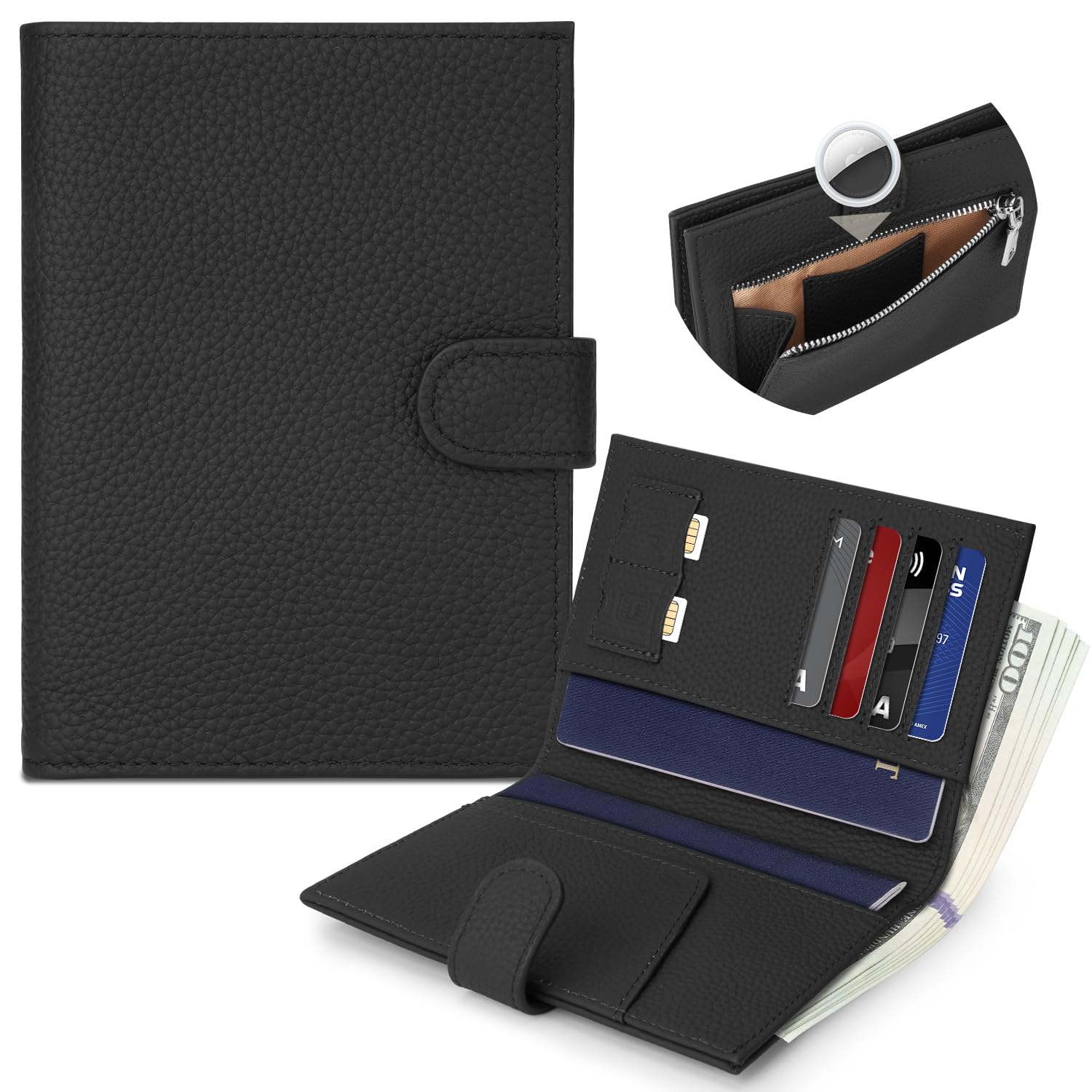 Leather RFID Passport Holder with Hidden AirTag Pocket