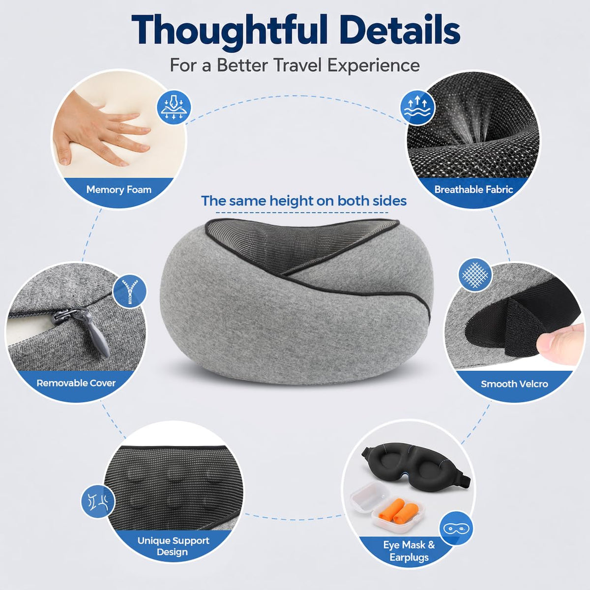 Memory Foam Travel Pillow with Ergonomic Neck Support