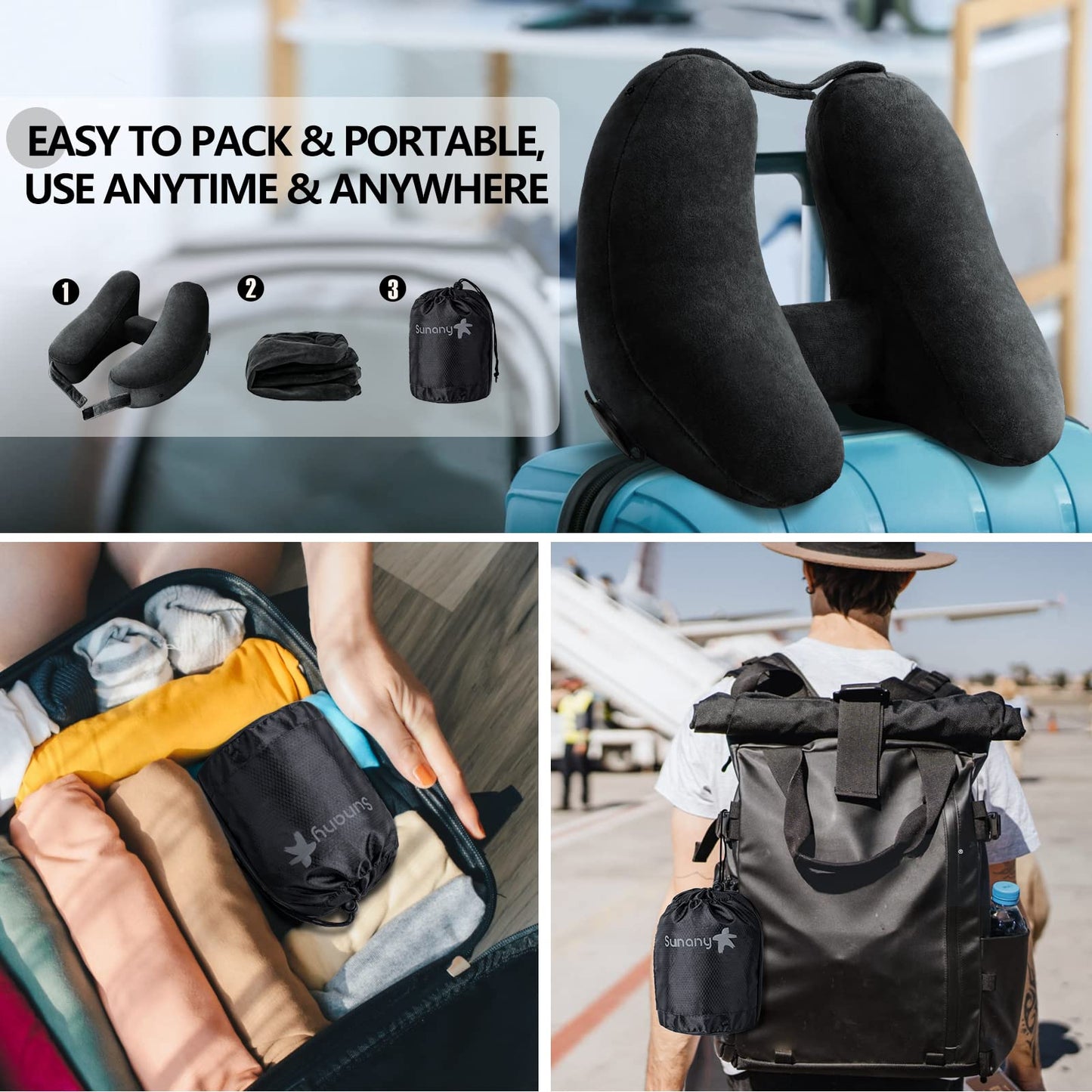 Inflatable Travel Neck Pillow with Head and Chin Support