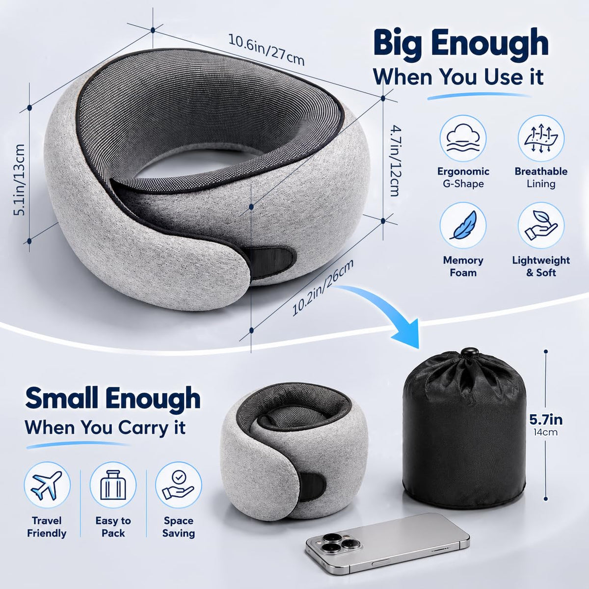 Memory Foam Travel Pillow with Ergonomic Neck Support