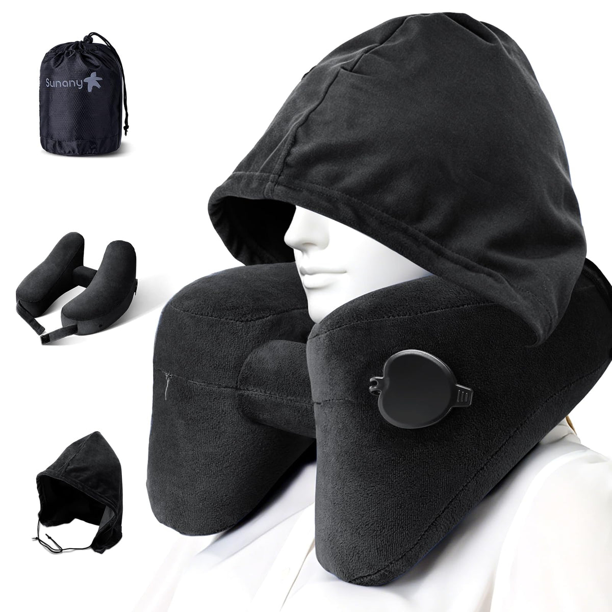 Inflatable Travel Neck Pillow with Head and Chin Support