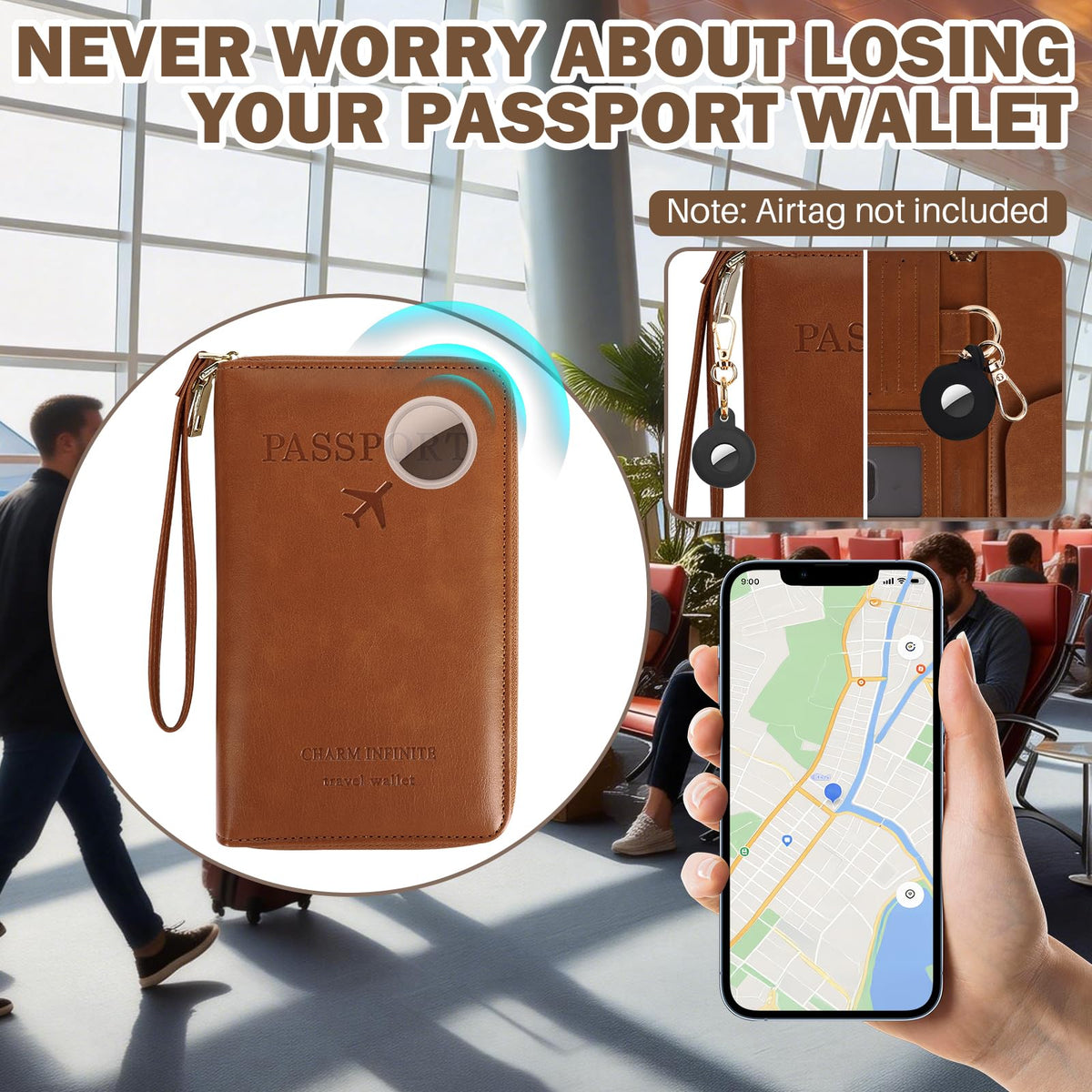 RFID Passport Wallet with Tracker Pocket and Wrist Strap