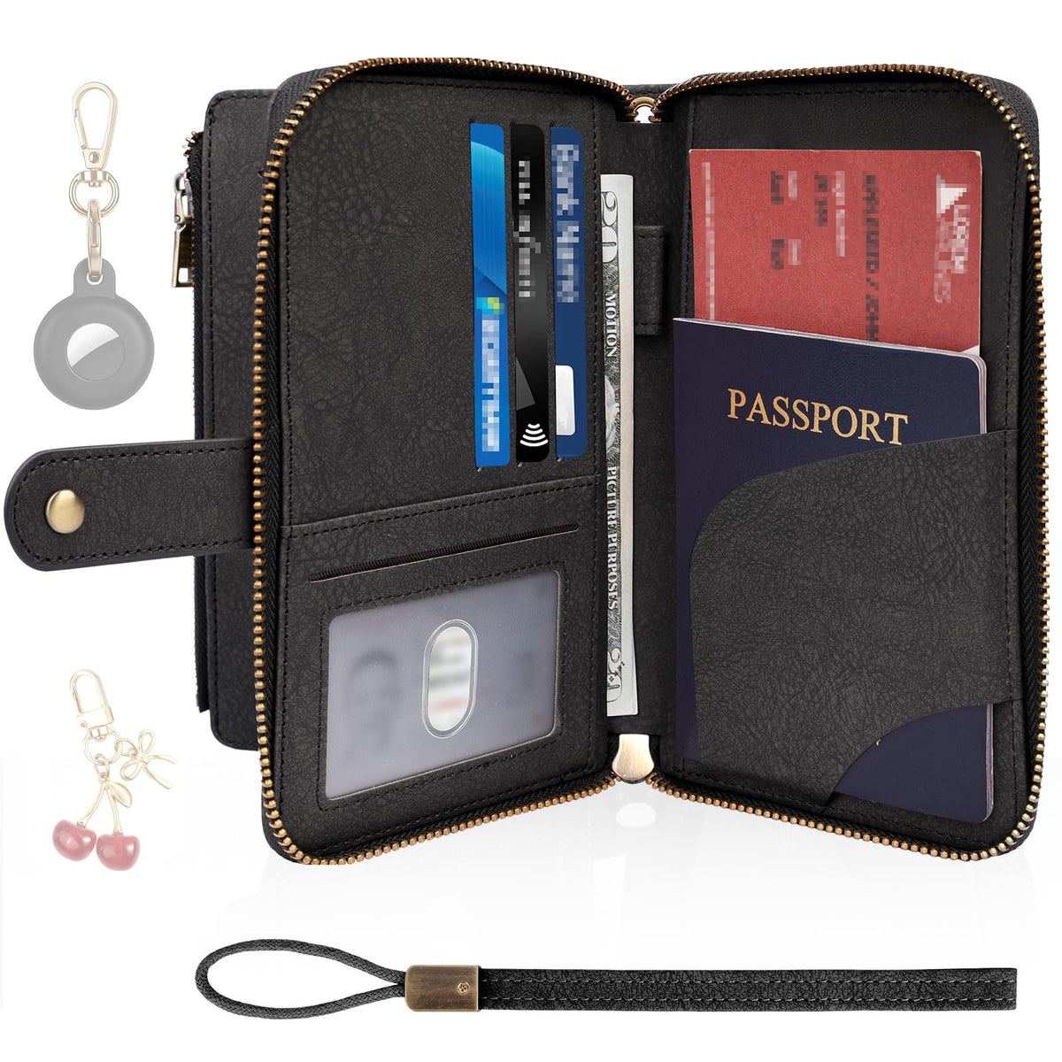 RFID Passport Wallet with Tracker Pocket and Wrist Strap