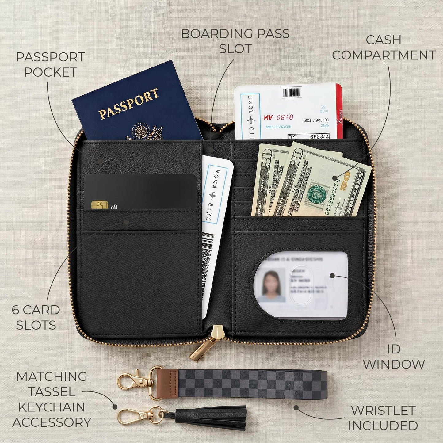 Passport Holder with Detachable Wristlet Strap