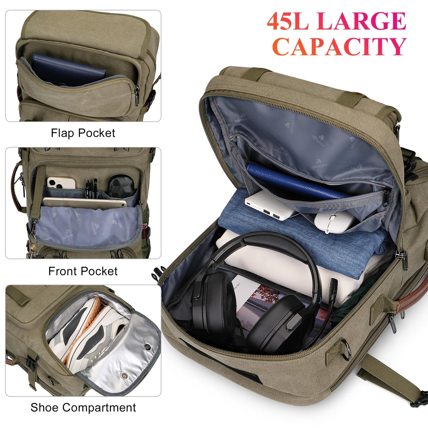 45L Carry-On Travel Backpack with Spacious Design
